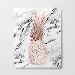 Rose Gold Pineapple on Black and White Marble Metal Print