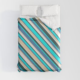 [ Thumbnail: Eye-catching Blue, Tan, White, Dark Slate Gray, and Cyan Colored Lined/Striped Pattern Duvet Cover ]