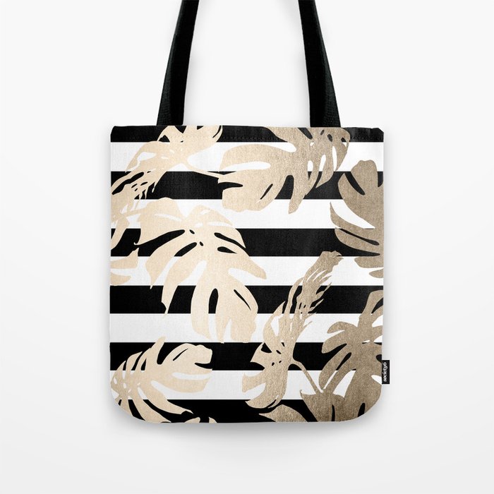 Simply Tropical Palm Leaves on Stripes Tote Bag