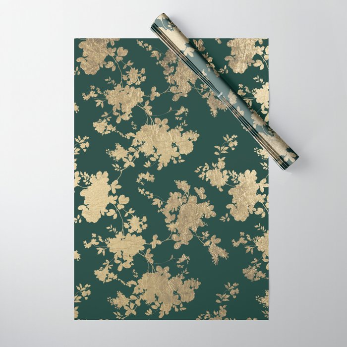 Modern Vintage Gold Forest Green Elegant Floral Wrapping Paper by Pink  Water