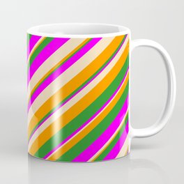 [ Thumbnail: Tan, Dark Orange, Forest Green, and Fuchsia Colored Striped Pattern Coffee Mug ]