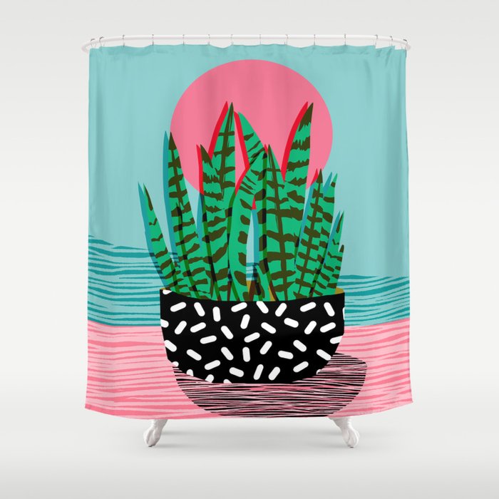 Edgy - wacka potted indoor house plant hipster retro throwback minimal 1980s 80s neon pop art Shower Curtain