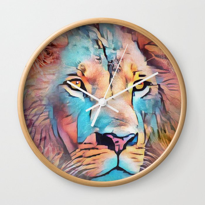 Colorful Lion Full Mane Surrounded by Flowers Wall Clock