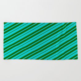 [ Thumbnail: Dark Turquoise & Dark Green Colored Lined/Striped Pattern Beach Towel ]