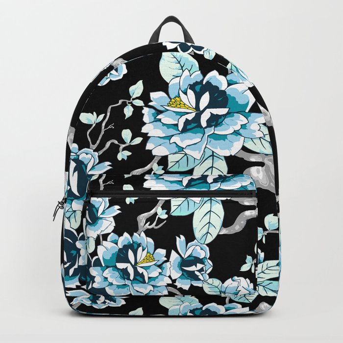 Spring Flowers Pattern Blue on Black Backpack