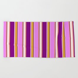 [ Thumbnail: Violet, Goldenrod, Purple & Beige Colored Lines Pattern Beach Towel ]