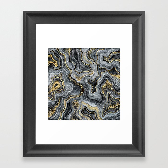 Dark Gray + Gold Stylized Geode Ripples Framed Art Print