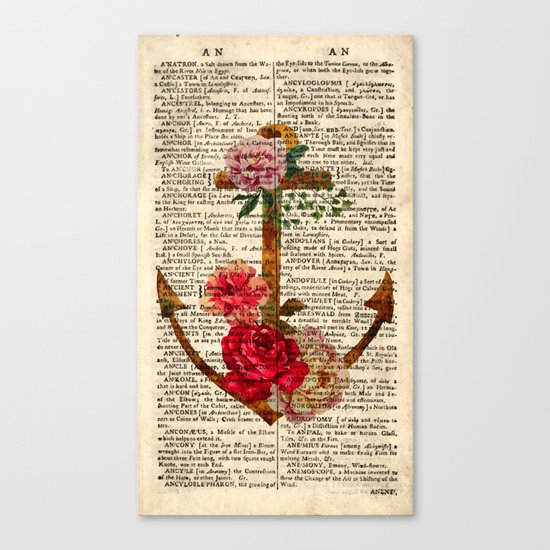 Vintage Anchor with Flowers Dictionary Art Canvas Print