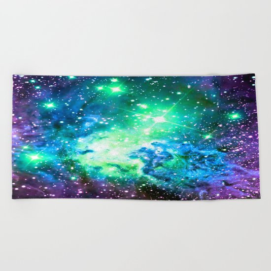 Fox Fur Nebula BRIGHT : Green Blue Purple Galaxy Beach Towel