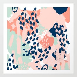 Kala - abstract painting minimal coral mint navy color palette boho hipster decor nursery Art Print