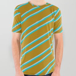 [ Thumbnail: Dark Goldenrod, Light Blue, and Dark Turquoise Colored Lined/Striped Pattern All Over Graphic Tee ]