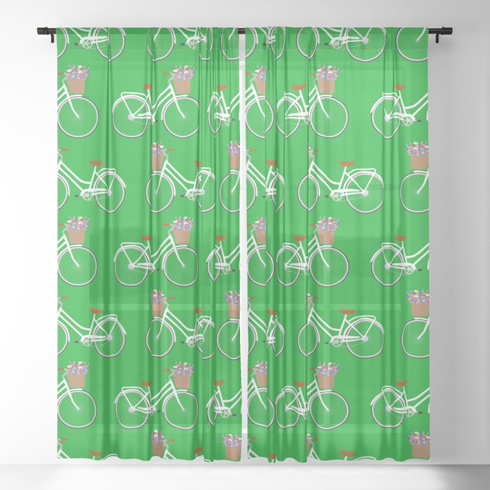 Bicycle with flower basket on green Sheer Curtain
