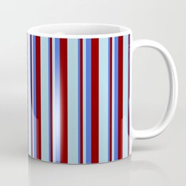 [ Thumbnail: Royal Blue, Maroon, and Light Blue Colored Lines Pattern Coffee Mug ]
