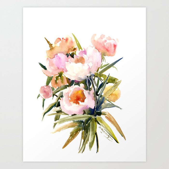 Soft Pink Peonies Asian watercolor Peonies, soft pink, olive green Art Print