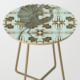 Elegant egret bird on golden brown and mint green/blue patterned background Side Table