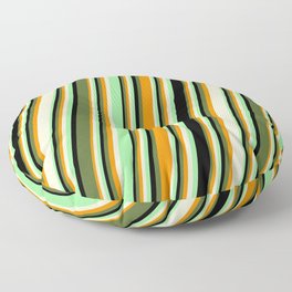 [ Thumbnail: Colorful Dark Orange, Light Yellow, Green, Black, and Dark Olive Green Colored Pattern of Stripes Floor Pillow ]