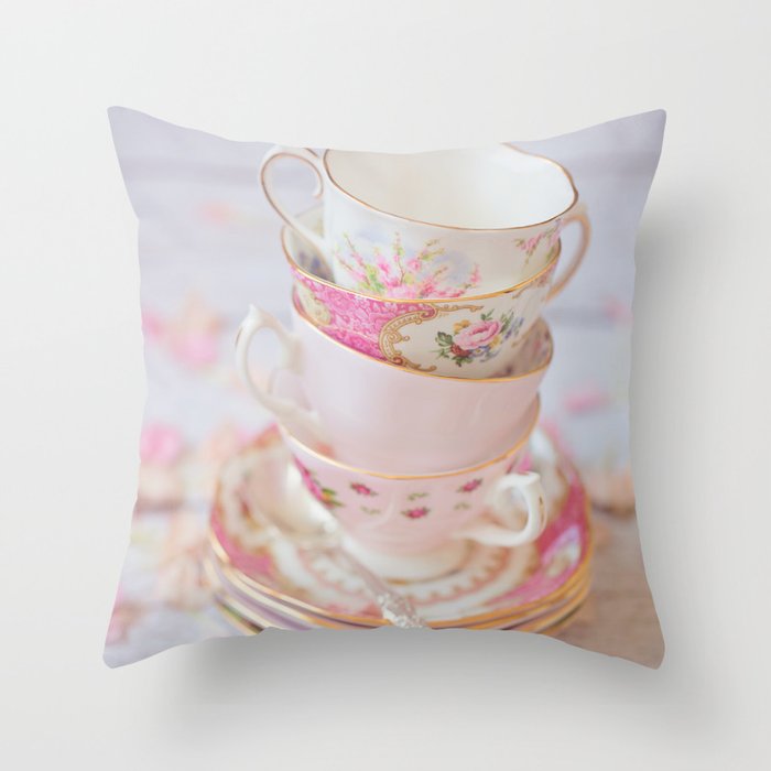 Shabby Chic Vintage Cups in Pink Throw Pillow