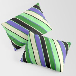 [ Thumbnail: Vibrant Slate Blue, Forest Green, Light Yellow, Black, and Green Colored Stripes Pattern Pillow Sham ]