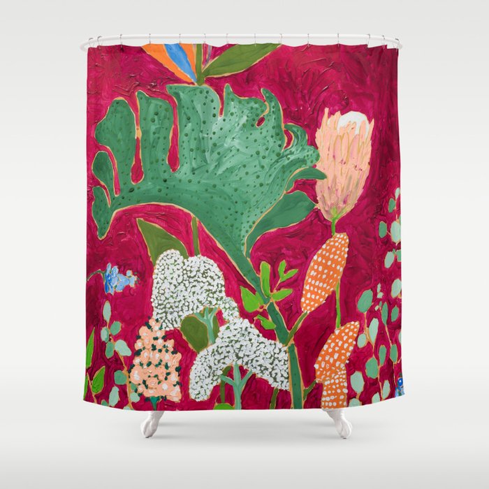 Magenta Jungle Painting, Monstera, Birds of Paradise Floral on Pink Jewel Tone Shower Curtain