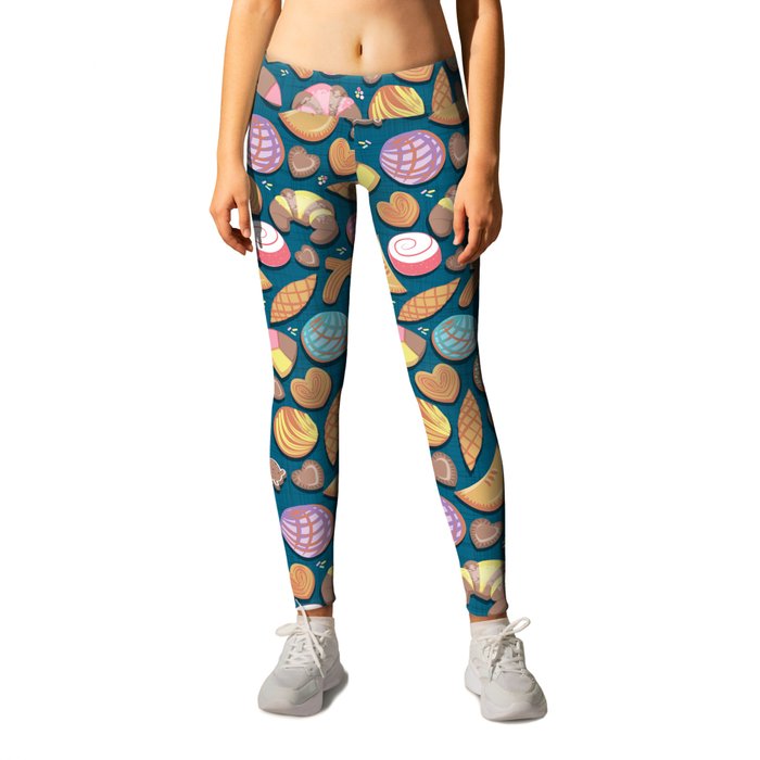 Mexican Sweet Bakery Frenzy // turquoise background // pastel colors pan  dulce Leggings by Selma Cardoso