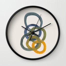 Minimalist Mid Century Modern Colorful Rings Navy Blue Yellow Olive Green Spirals by Ejaaz Haniff Wall Clock