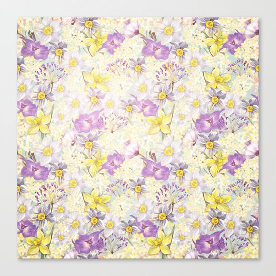Vintage pattern- Spring in purple and yellow- daffodils and anemones Canvas Print