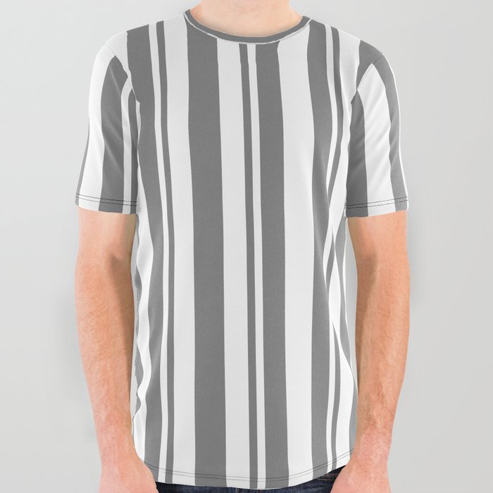 White & Grey Colored Lines Pattern All Over Graphic Tee