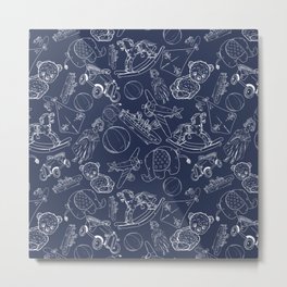 Navy Blue and White Toys Outline Pattern Metal Print