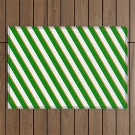 [ Thumbnail: Dark Goldenrod, Green, and White Colored Lined/Striped Pattern Outdoor Rug ]