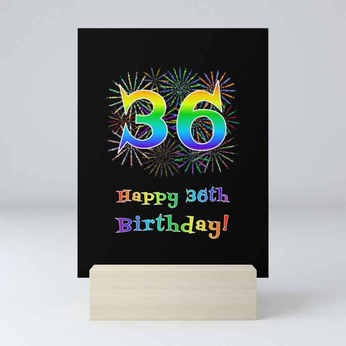 36th Birthday - Fun Rainbow Spectrum Gradient Pattern Text, Bursting Fireworks Inspired Background Mini Art Print