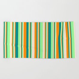 [ Thumbnail: Green, Dark Cyan, Dark Orange, and Beige Colored Stripes Pattern Beach Towel ]