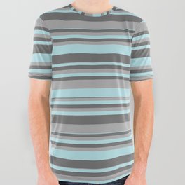 [ Thumbnail: Powder Blue, Dim Gray, and Dark Grey Colored Striped/Lined Pattern All Over Graphic Tee ]