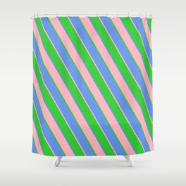 [ Thumbnail: Cornflower Blue, Light Pink & Lime Green Colored Lined/Striped Pattern Shower Curtain ]