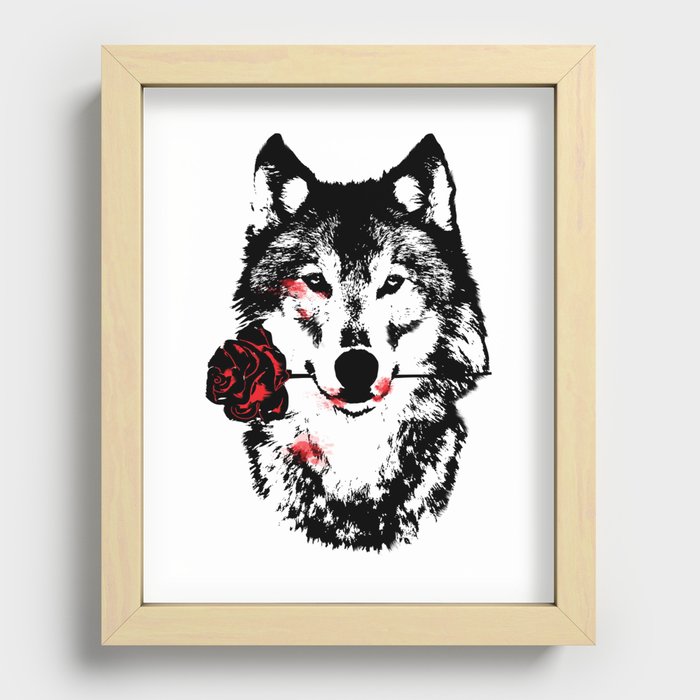 Wolf blood stained, holding a red rose. Recessed Framed Print