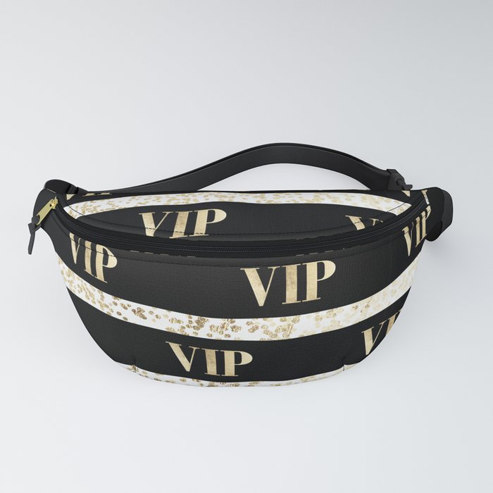 Elegant black gold VIP typography confetti stripes Fanny Pack