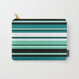 [ Thumbnail: Teal, White, Aquamarine & Black Colored Lined Pattern Carry-All Pouch ]