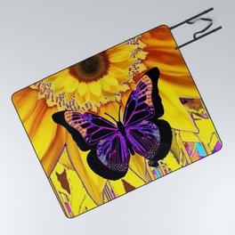 BLACK BUTTERFLY ON YELLOW SUNFLOWER ABSTRACT Picnic Blanket
