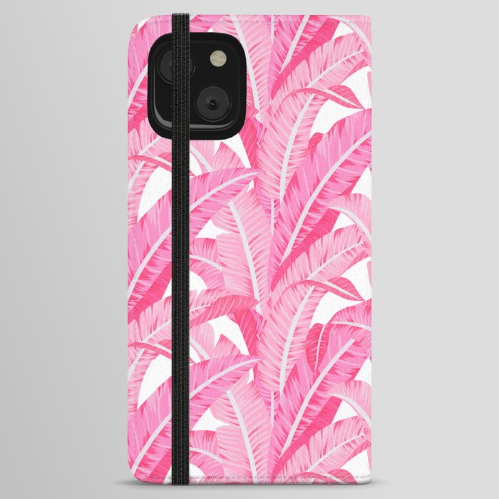 Pink banana leaves tropical pattern on white iPhone Wallet Case