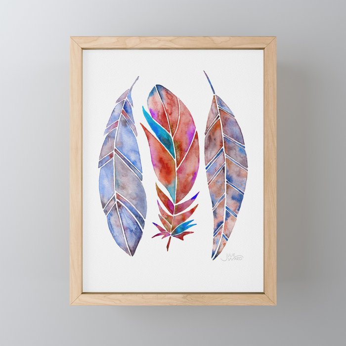Watercolor Feathers - Red & Purple Framed Mini Art Print