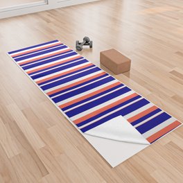 [ Thumbnail: Red, White, and Dark Blue Colored Stripes Pattern Yoga Towel ]