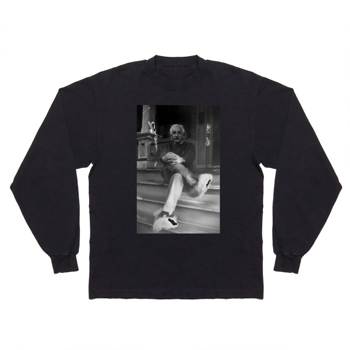 Funny Einstein in Fuzzy Slippers Classic Black and White Satirical Photography - Photographs Long Sleeve T Shirt