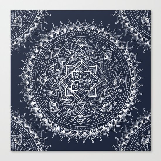 White Flower Mandala on Dark Blue Canvas Print