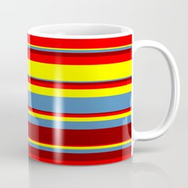 [ Thumbnail: Red, Yellow, Blue & Dark Red Colored Stripes/Lines Pattern Coffee Mug ]