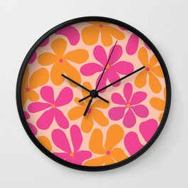  Groovy Pink and Orange Flowers Pattern - Retro Aesthetic  Wall Clock | Modern, Cute, Colorful, Boho, Dorm, Contemporary, Floral, Graphicdesign, Pop Art, 70S 