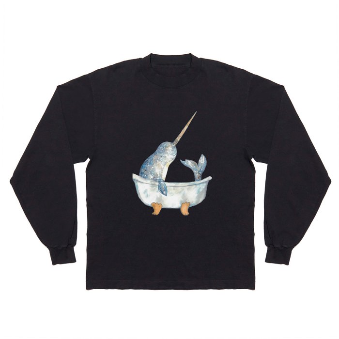  Narwhal whale taking bath watercolor Long Sleeve T Shirt