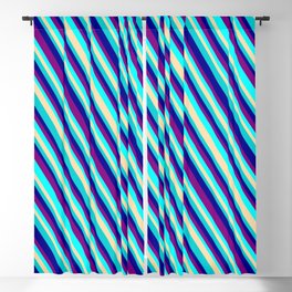 [ Thumbnail: Eye-catching Purple, Aqua, Tan, Dark Turquoise, and Dark Blue Colored Stripes/Lines Pattern Blackout Curtain ]