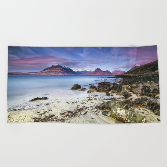 Beach Scene - Mountains, Water, Waves, Rocks - Isle of Skye, UK Beach Towel