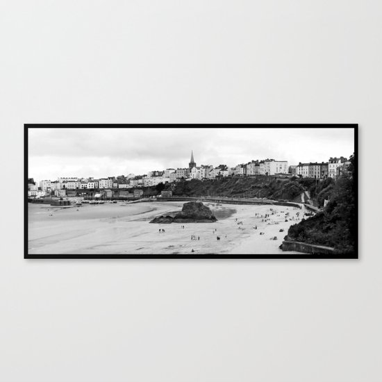 Tenby Harbour.Panoramic.B+W. Canvas Print