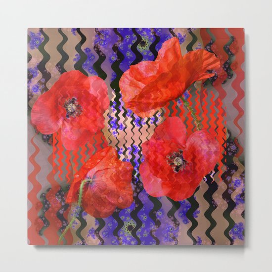 Summer Joy, abstract waves with poppies Metal Print
