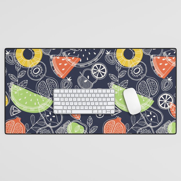 Scandinavian Fruit Illustration Navy Desk Mat